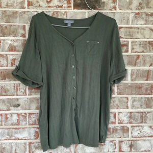 Essentials Olive Green Ribbed Knit Button Down V-neck Blouse
